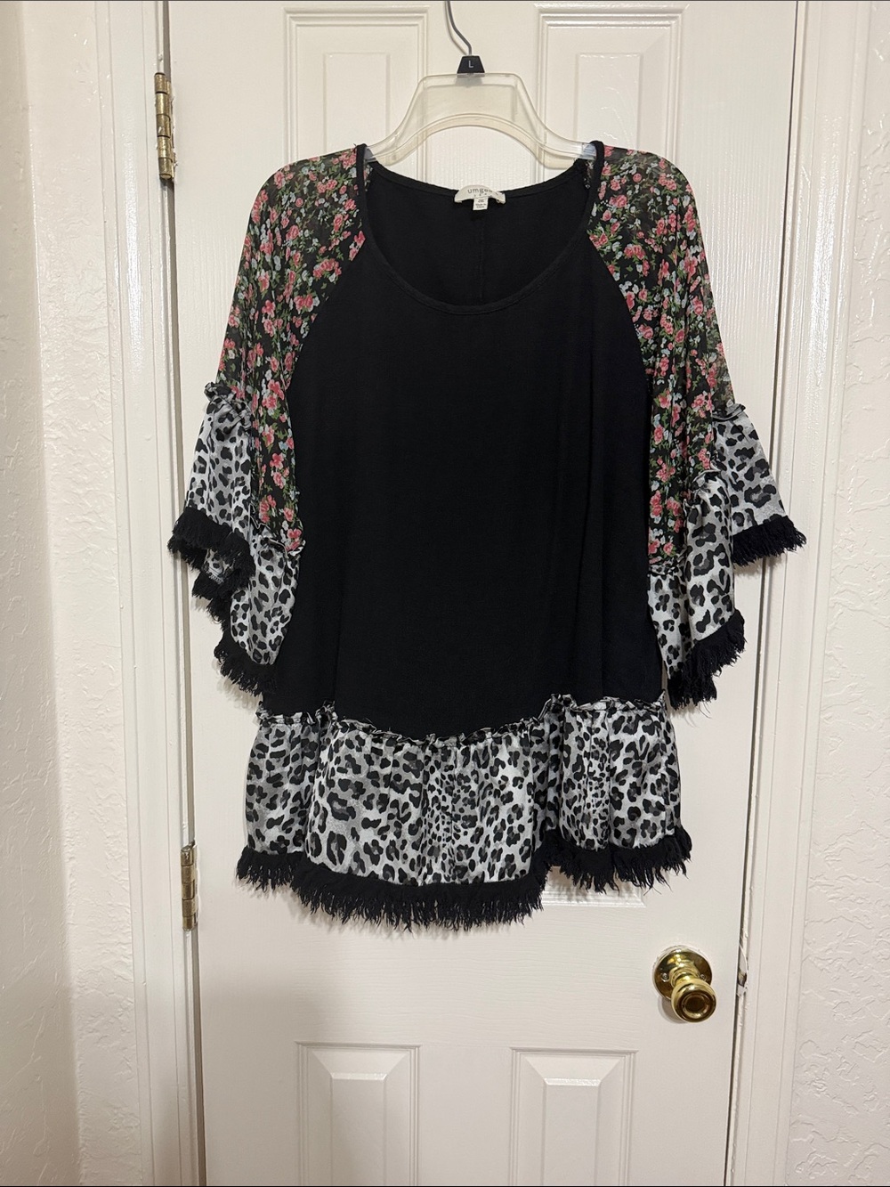 Umgee Black Floral Raglan Top with Leopard Ruffle Trim